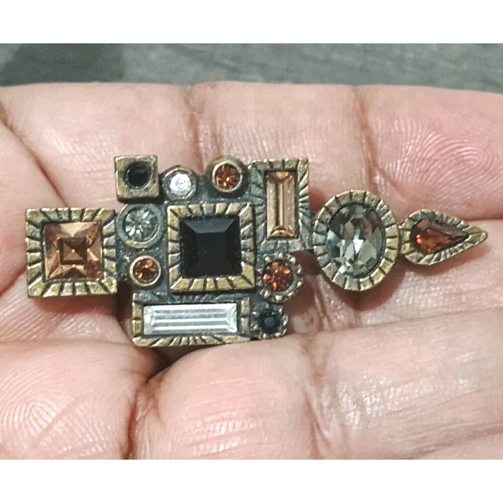 Patricia Locke Amber Tone Clear Black Rhinestone Signed Vintage Brooch